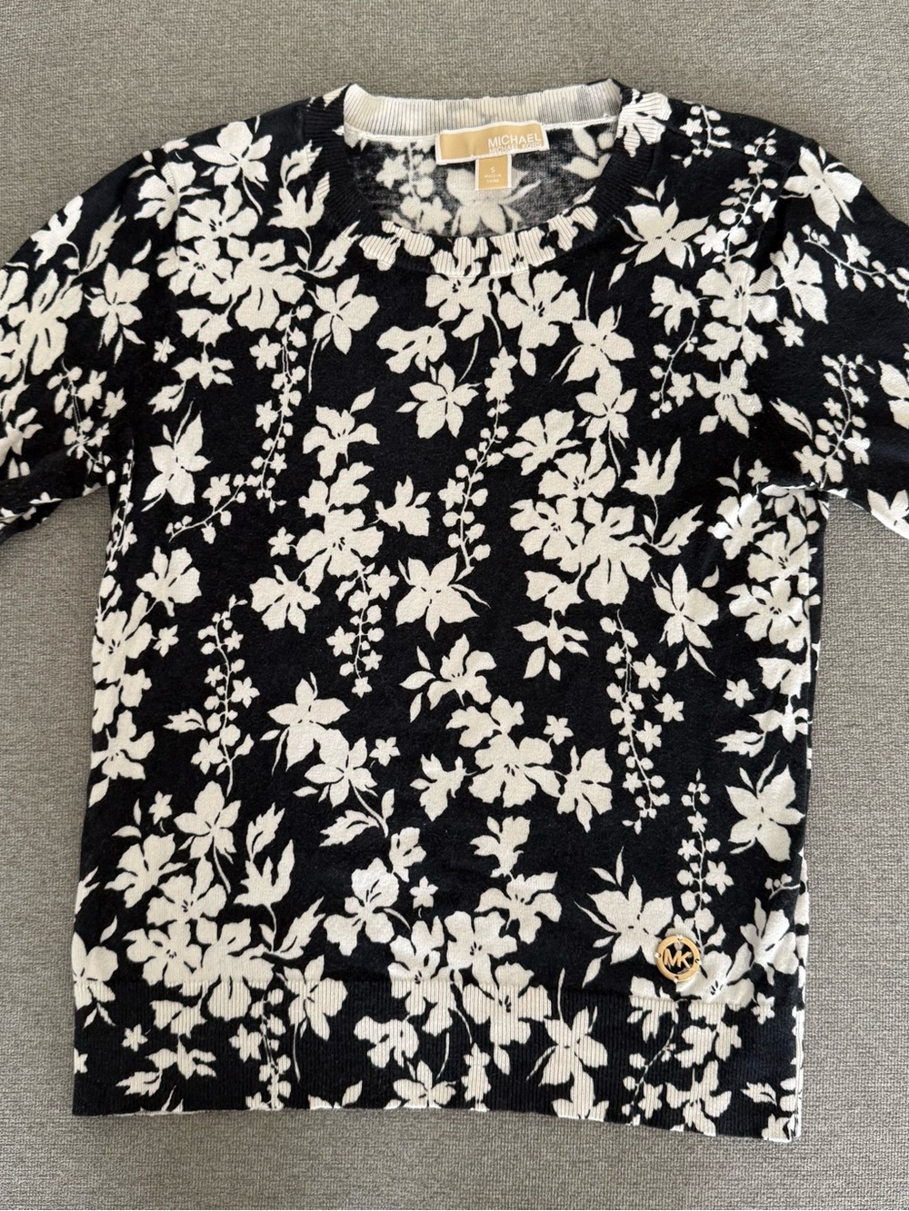 Michael Kors Navy Blue & White Floral Crewneck Sweater Top